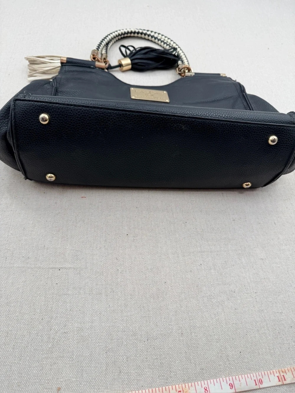 bebe Black Satchel with Braided Two-Tone Handles and Tassels